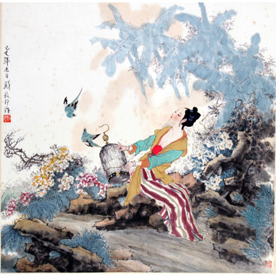 美人戏鹦图
